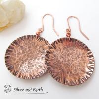 Large Copper Earrings with Rustic Hammered Texture - Hand Forged Metal Jewelry