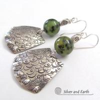 Bold Exotic Sterling Silver Earrings with Green Jade Gemstones