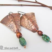 Copper Earrings with African Turquoise & Pearls - Hand Forged Metal Jewelry