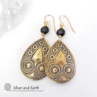 Embossed Gold Brass Teardrop Dangle Earrings with Black Onyx Stones