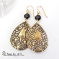 Gold Brass Teardrop Dangle Earrings - Bold Statement Jewelry