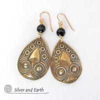 Embossed Gold Brass Teardrop Dangle Earrings with Black Onyx Stones