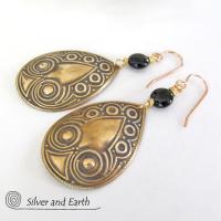 Embossed Gold Brass Teardrop Dangle Earrings with Black Onyx Stones