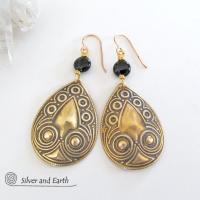 Embossed Gold Brass Teardrop Dangle Earrings with Black Onyx Stones