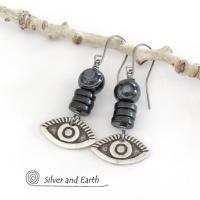 Black Eye Agate Earrings with Pewter Eye Charms - Good Luck Talisman Jewelry