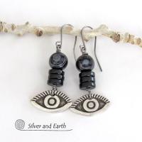 Black Eye Agate Earrings with Pewter Eye Charms - Good Luck Talisman Jewelry
