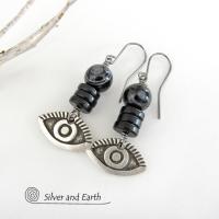 Black Eye Agate Earrings with Pewter Eye Charms - Good Luck Talisman Jewelry