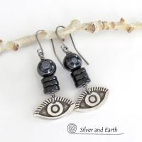 Black Eye Agate Earrings with Pewter Eye Charms - Good Luck Talisman Jewelry