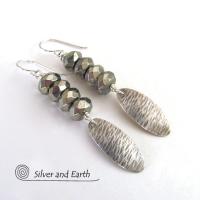Slender Sterling Silver Dangle Earrings with Faceted Gray Pyrite Gemstones