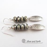 Slender Sterling Silver Dangle Earrings with Faceted Gray Pyrite Gemstones