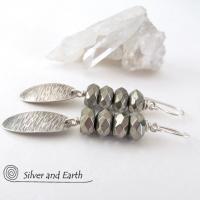 Slender Sterling Silver Dangle Earrings with Faceted Gray Pyrite Gemstones