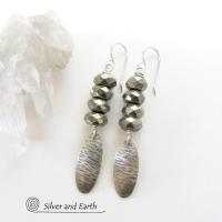 Slender Sterling Silver Dangle Earrings with Faceted Gray Pyrite Gemstones