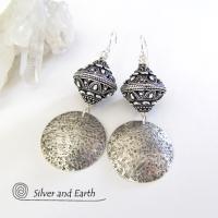 Sterling Silver Earrings with Big Ornate Bali Beads - Bali Style Jewelry