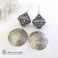 Sterling Silver Earrings with Big Ornate Bali Beads - Bali Style Jewelry