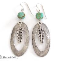 Sterling Silver Hoop Earrings with Turquoise and Feathers - Southwest Jewelry