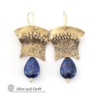 Gold Brass Egyptian Earrings with Lapis Lazuli Gemstones - Bold Exotic Jewelry