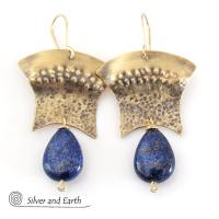 Gold Brass Egyptian Earrings with Lapis Lazuli Gemstones - Bold Exotic Jewelry