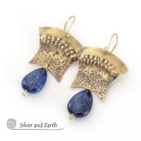 Gold Brass Egyptian Earrings with Lapis Lazuli Gemstones - Bold Exotic Jewelry