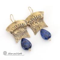Gold Brass Egyptian Earrings with Lapis Lazuli Gemstones - Bold Exotic Jewelry