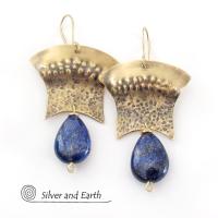 Gold Brass Egyptian Earrings with Lapis Lazuli Gemstones - Bold Exotic Jewelry