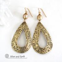 Large Gold Brass Hoop Earrings with Gold Pearls - Big Bold Statement Jewelry