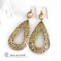 Large Gold Brass Hoop Earrings with Gold Pearls - Big Bold Statement Jewelry
