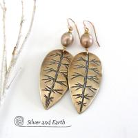 Gold Brass Leaf Earrings with Gold Pearls - Elegant Nature Inspired Jewelry