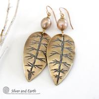 Gold Brass Leaf Earrings with Gold Pearls - Elegant Nature Inspired Jewelry