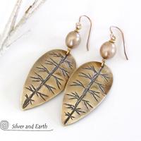 Gold Brass Leaf Earrings with Gold Pearls - Elegant Nature Inspired Jewelry