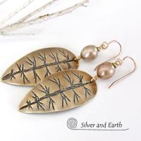 Gold Brass Leaf Earrings with Gold Pearls - Elegant Nature Inspired Jewelry