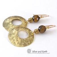 Gold Brass Hoop Dangle Earrings with Faceted Tiger's Eye Gemstones