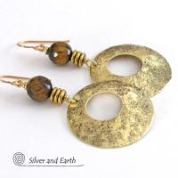 Gold Brass Hoop Dangle Earrings with Faceted Tiger's Eye Gemstones