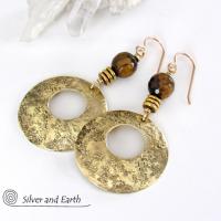 Gold Brass Hoop Dangle Earrings with Faceted Tiger's Eye Gemstones