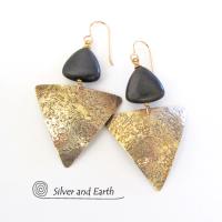 Gold Brass Triangle Earrings with Black Onyx - Modern Contemporary Jewelry