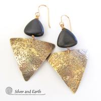 Gold Brass Triangle Earrings with Black Onyx - Modern Contemporary Jewelry