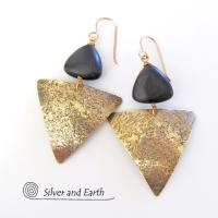 Gold Brass Triangle Earrings with Black Onyx - Modern Contemporary Jewelry