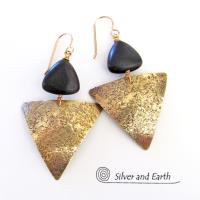 Gold Brass Triangle Earrings with Black Onyx - Modern Contemporary Jewelry