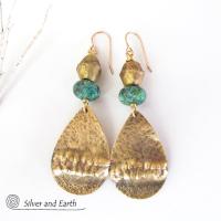 Gold Brass Tribal Earrings with Chrysocolla Stones and African Brass Beads