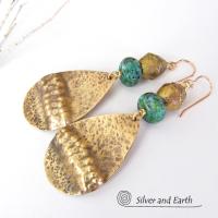 Gold Brass Tribal Earrings with Chrysocolla Stones and African Brass Beads