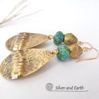 Gold Brass Tribal Earrings with Chrysocolla Stones and African Brass Beads