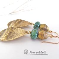 Gold Brass Tribal Earrings with Chrysocolla Stones and African Brass Beads