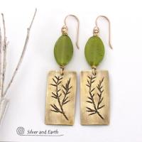 Gold Brass Earrings with Twig Design & Green Serpentine Stones - Nature Jewelry