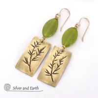 Gold Brass Earrings with Twig Design & Green Serpentine Stones - Nature Jewelry