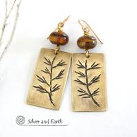 Gold Brass Earrings with Twig Design & Tiger's Eye Stones - Nature Jewelry