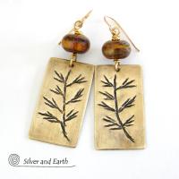 Gold Brass Earrings with Twig Design & Tiger's Eye Stones - Nature Jewelry