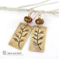 Gold Brass Earrings with Twig Design & Tiger's Eye Stones - Nature Jewelry