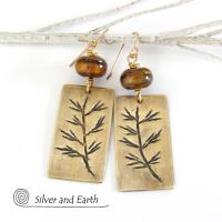 Gold Brass Earrings with Twig Design & Tiger's Eye Stones - Nature Jewelry