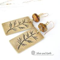 Gold Brass Earrings with Twig Design & Tiger's Eye Stones - Nature Jewelry