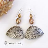 Sterling Silver Earrings with Gold Freshwater Pearls - Elegant Modern Jewelry