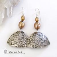 Sterling Silver Earrings with Gold Freshwater Pearls - Elegant Modern Jewelry